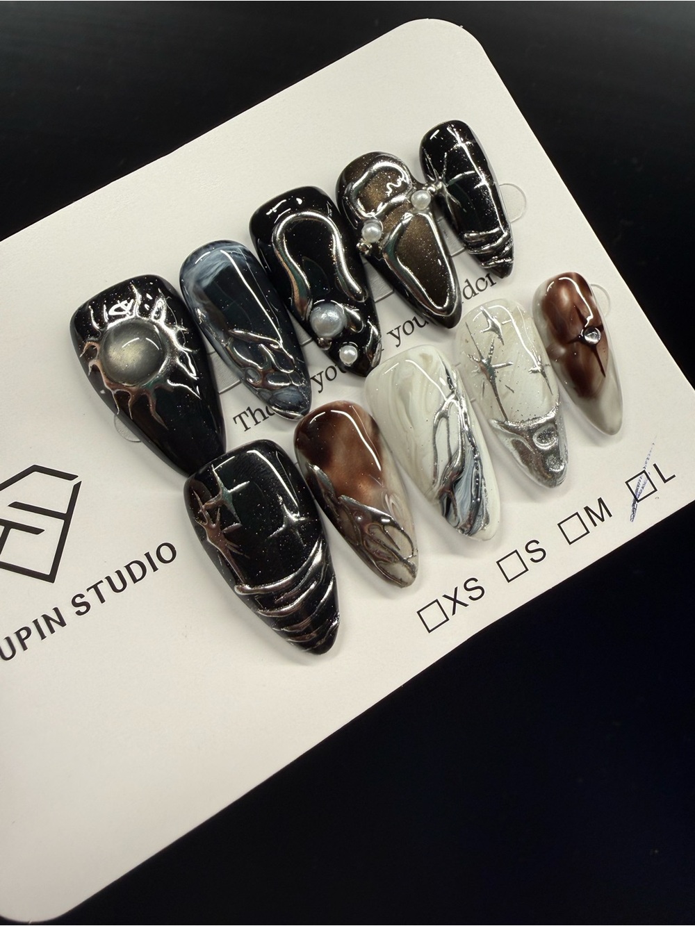 Abstract Press-On Nail Set in Black, White & Brown Large